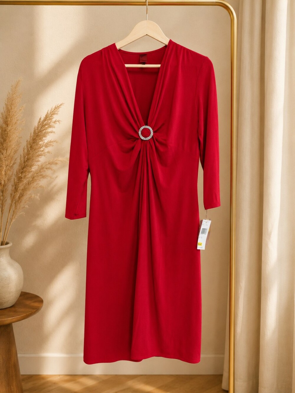 Red V-Neck Midi Dress with Rhinestone Ring Detail